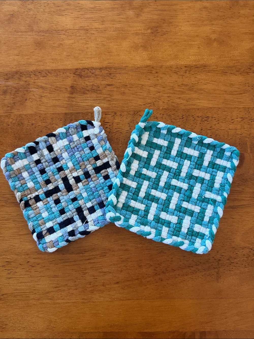 Handwoven Teal and Aqua Cotton Pot Holder Set - Home Kitchen